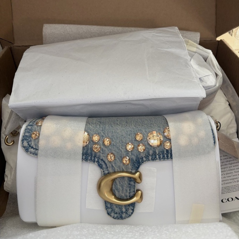 Coach Tabby 26 Denim Shoulder Bag Crystal Embellished Blue Gold Crossbody NWT - Picture 7 of 12